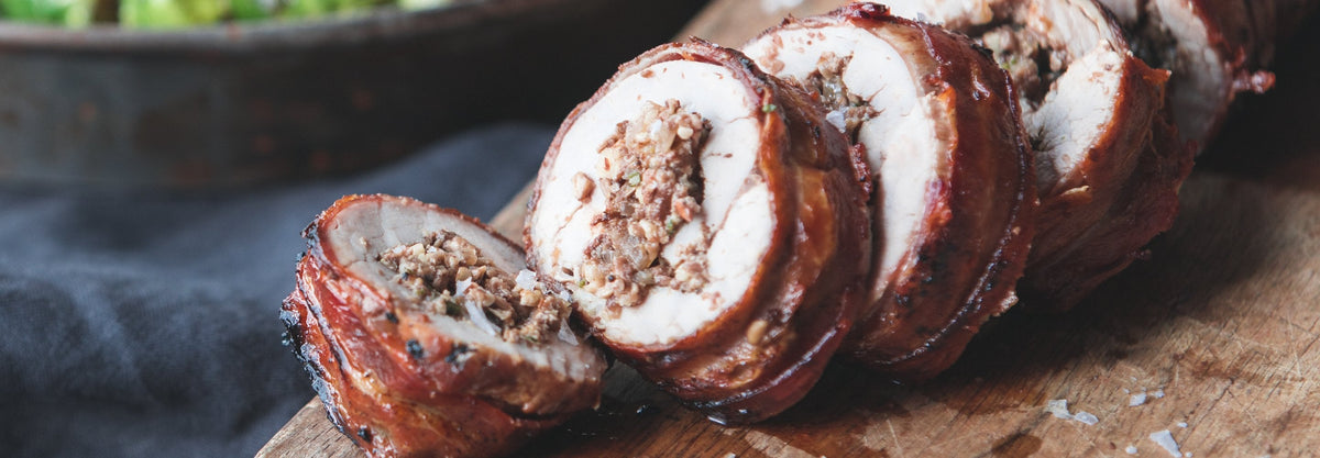 Pork Tenderloin with Mushroom Stuffing & Roasted Sprouts - Gozney . Roccbox recipe poster image