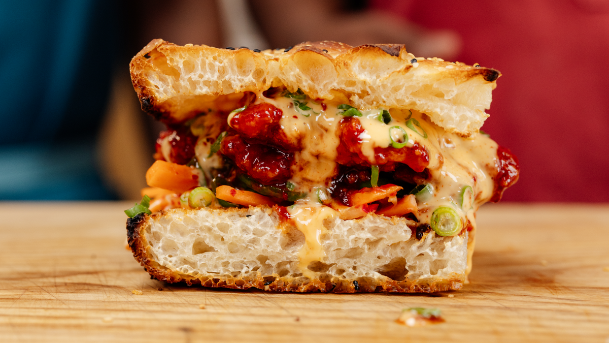 Korean Fried Chicken Focaccia Sandwich recipe poster image
