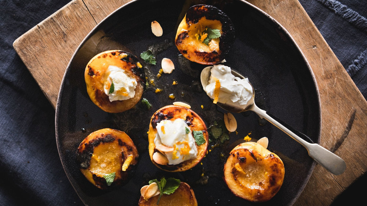 Maple Glazed Peaches, Mascarpone & Toasted Almonds - Roccbox recipe poster image