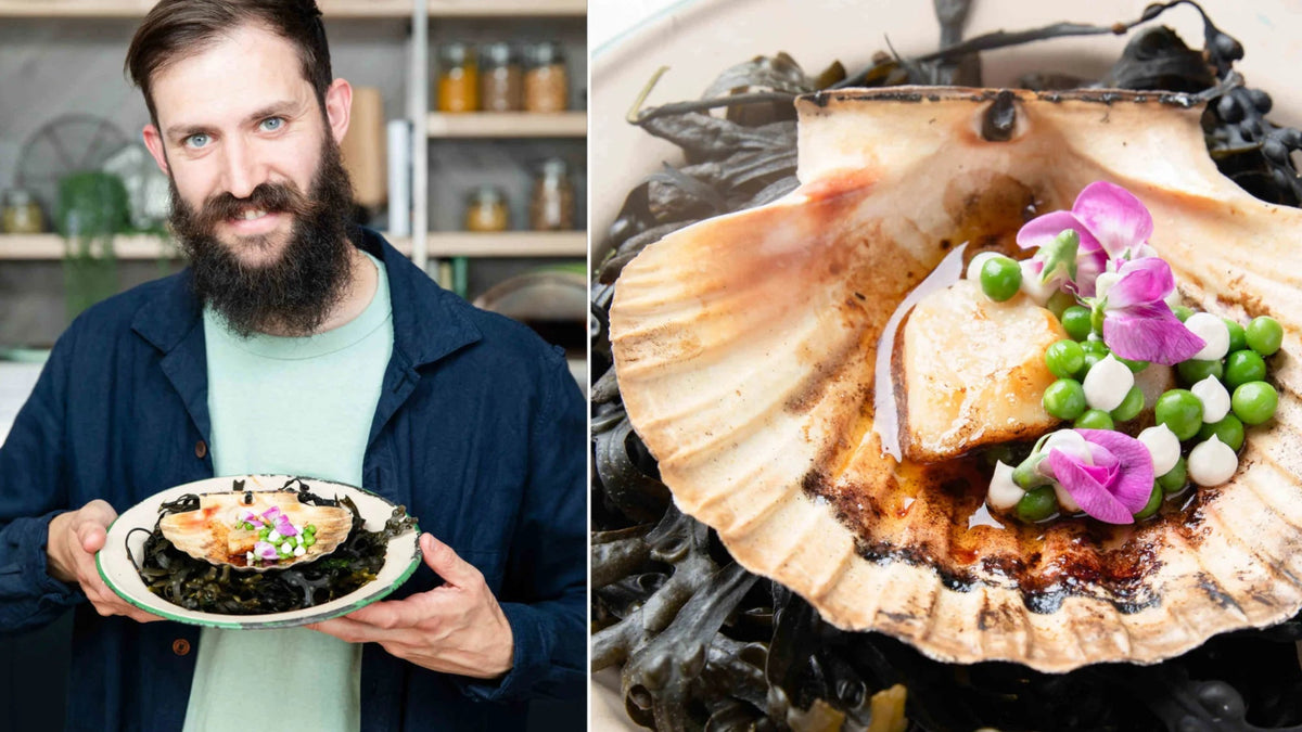 Brad carter next to Orkney Scallops, English Peas, Smoked Cod's Roe