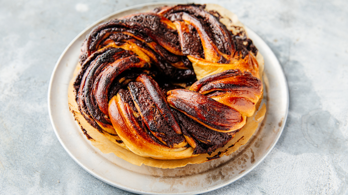 Chocolate Babka on a plate. recipe poster image