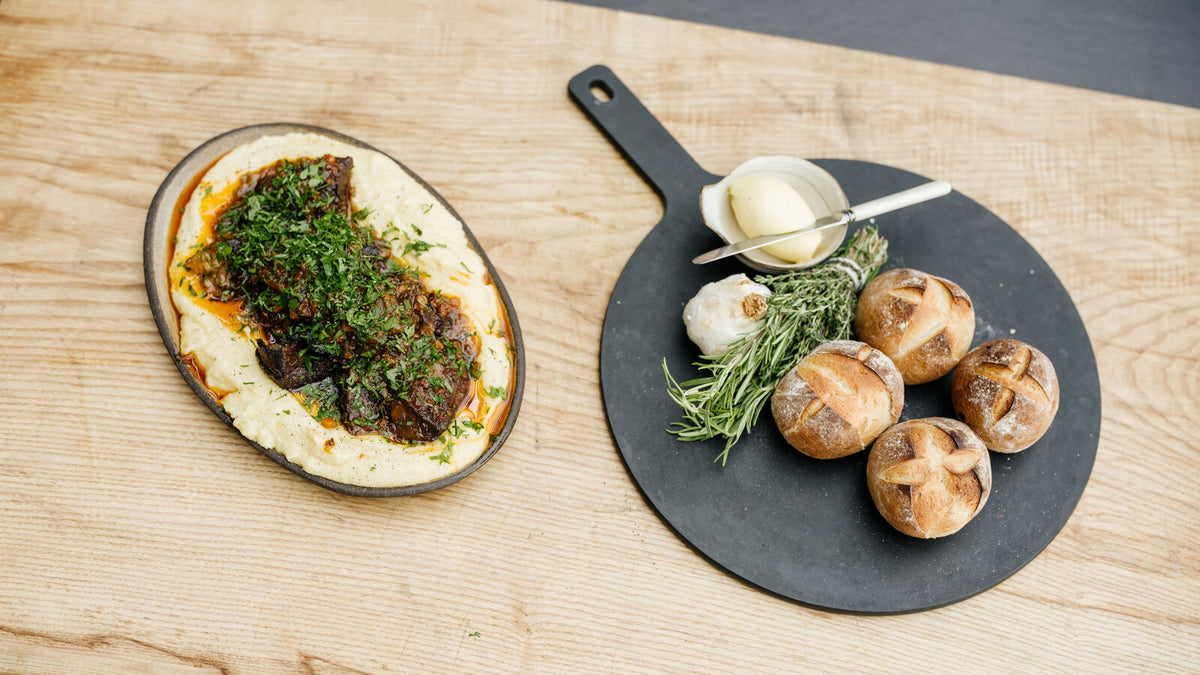 Beef Short Ribs, Mash and Bread Rolls