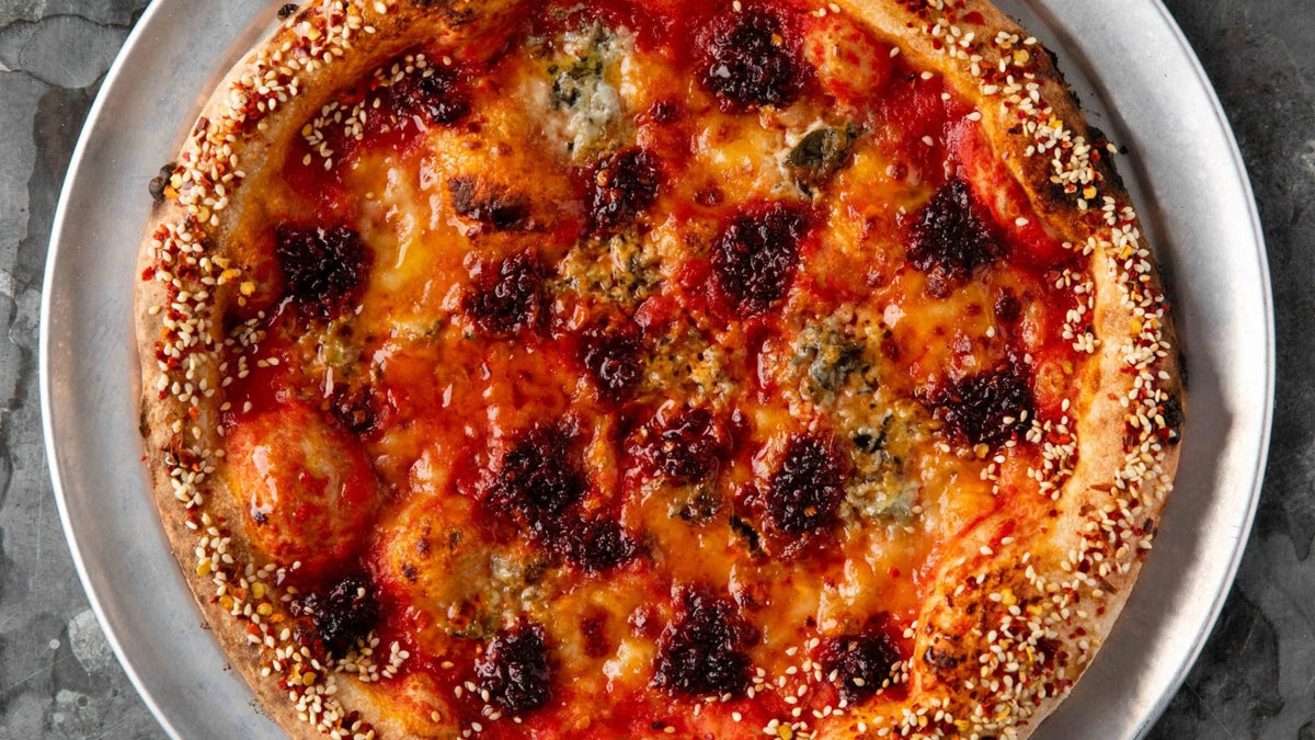 Hot honey pizza with blue cheese recipe poster image