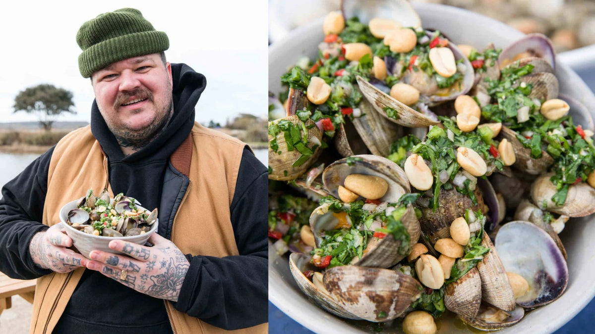 Matty Matheson next to Vietnamese Clams with Peanuts recipe poster image
