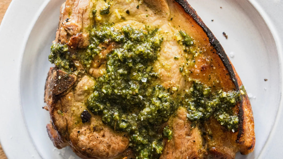 Pork Chop with Sage and Walnut Pesto recipe poster image